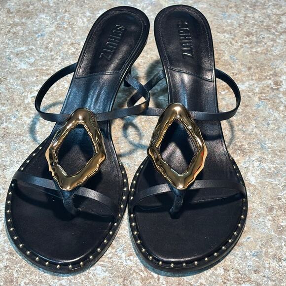 Schutz Women's Amarilis Stiletto Black Gold Sandal Mule Heels New Size 11 - Picture 8 of 11